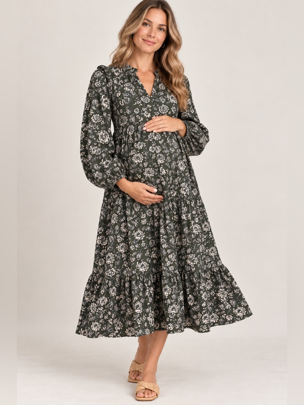 The Nines by HATCH Floral MIDI Dress Green Cottagecore Ruffle Maternity | S